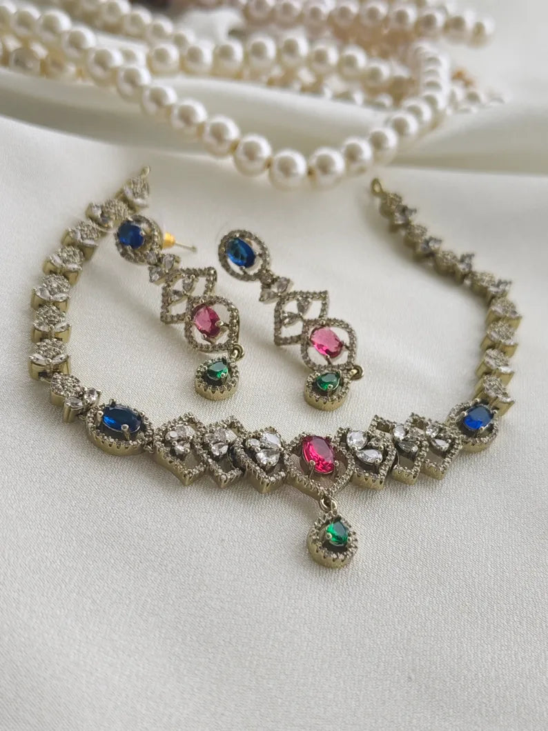 Zama' Stunning victorian style multicolour AD Necklace with Earrings ASM13