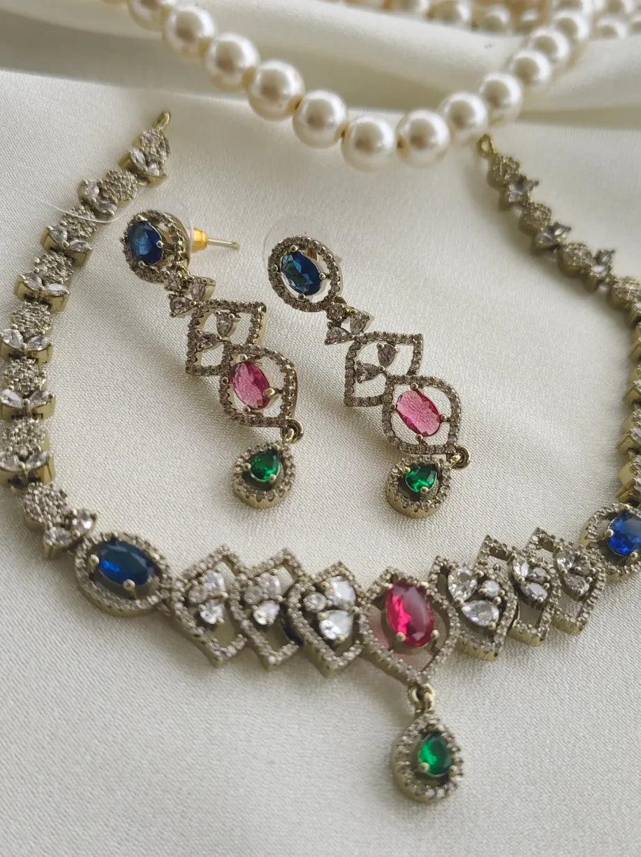 Zama' Stunning victorian style multicolour AD Necklace with Earrings ASM13