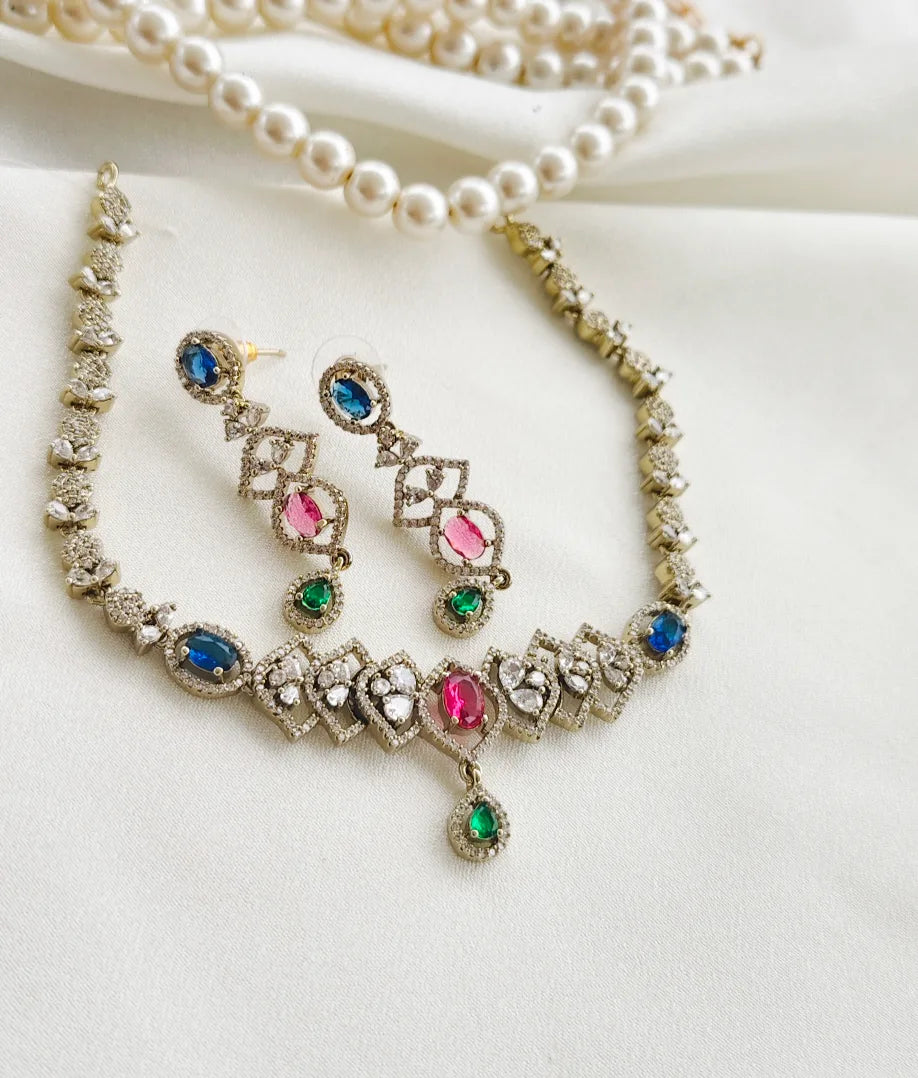Zama' Stunning victorian style multicolour AD Necklace with Earrings ASM13