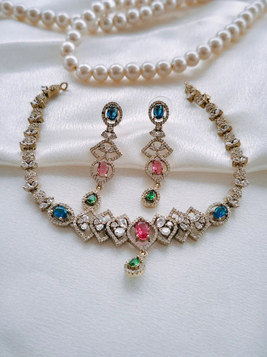 Zama' Stunning victorian style multicolour AD Necklace with Earrings ASM13