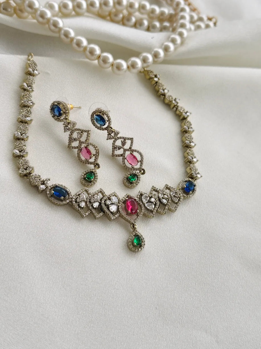 Zama' Stunning victorian style multicolour AD Necklace with Earrings ASM13