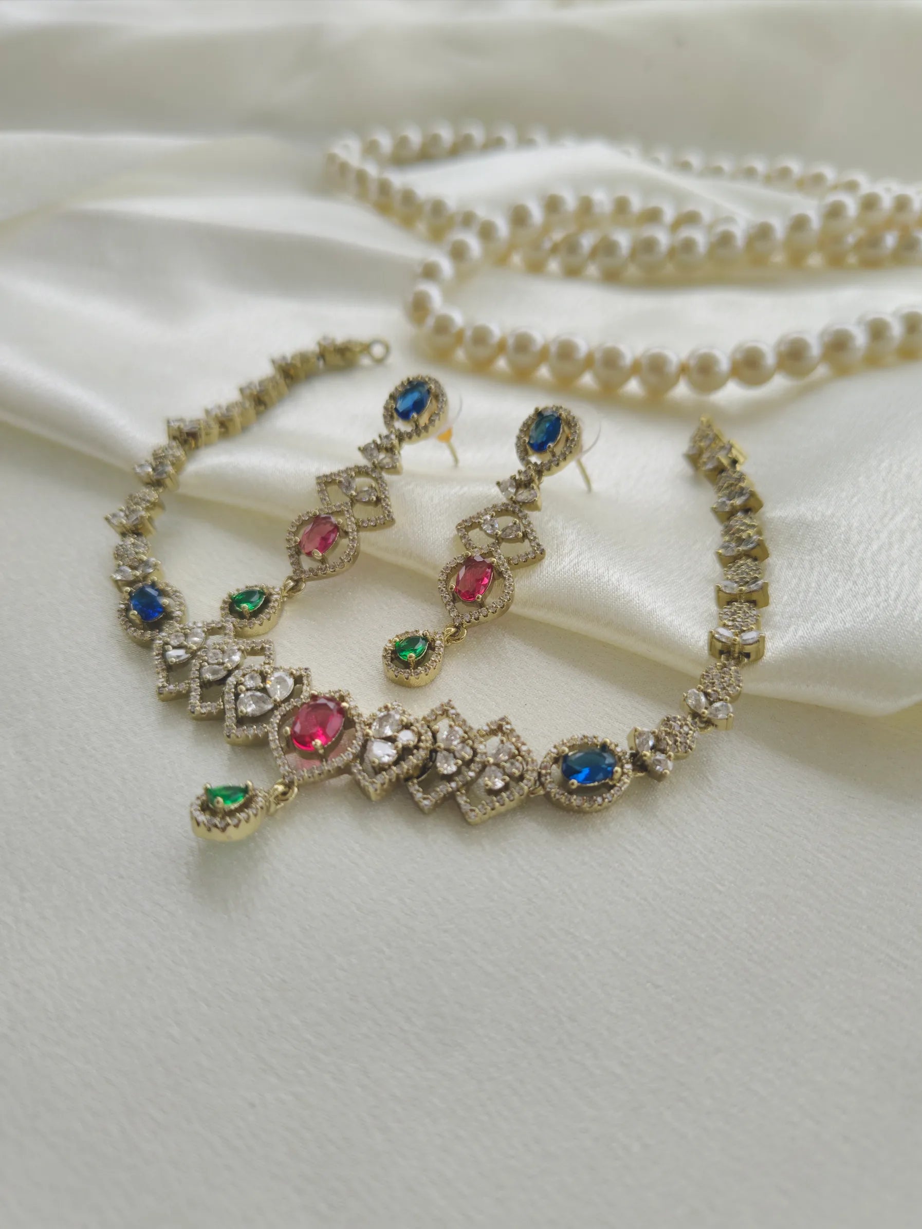 Zama' Stunning victorian style multicolour AD Necklace with Earrings ASM13
